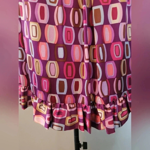 100% Silk dress retro psychedelic colorful ruffle trim romantic Geometric Sz 10 - Picture 3 of 8